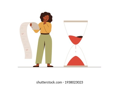 African American businesswoman looks at the hourglasses with fear and anxiety. Stressful black female has no time to do her work or project. Deadline or bad time management concept.Vector illustration