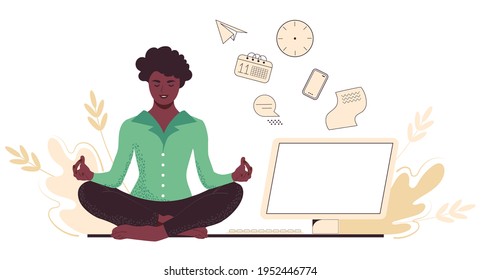 African American businesswoman meditates in the office. Concept yoga, relax, trying to release stress at work. Vector illustration in flat cartoon style.