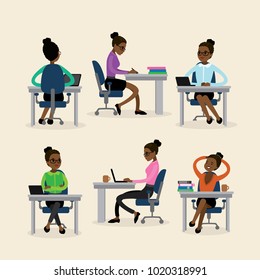 African american Businesswoman or office worker in the workplace in various poses,female from different sides,flat vector illustration