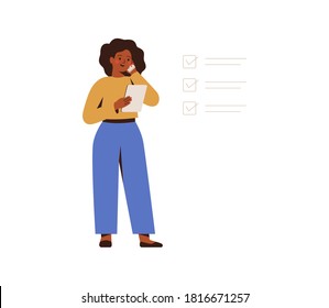 African American businesswoman plans work and sets the task priorities. Confident black female entrepreneur holds tablet and talks on the phone. Concept of task completion, planning, time management.