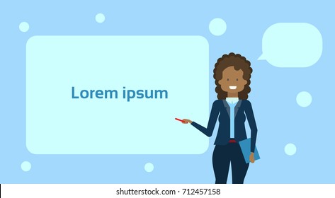 African American Businesswoman Pointing To Empty White Board, Showing An Copy Space, Business Woman Presentation Or Conference Concept Flat Vector Illustration