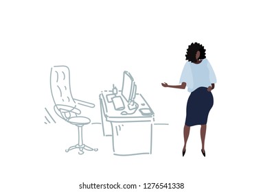 african american businesswoman pointing modern workplace female boss or secretary cartoon character full length office interior sketch doodle horizontal