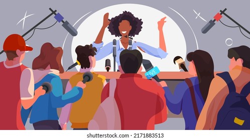 African American Businesswoman Or Politician Giving Speech Interview To Journalists With Microphones Business Conference