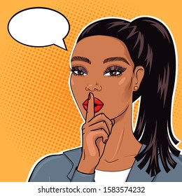 African american businesswoman in pop art retro cimic style with finger on lips for quiet please, stop talking, keeping business secret strategy