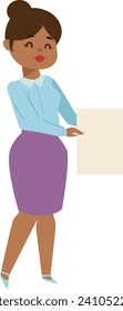 African American businesswoman presenting with paper. Confident female office worker in formal attire. Professional presentation and corporate environment vector illustration.