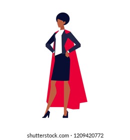 African American businesswoman in red superhero cloak, woman in office clothes, skirt and heels, vector illustration in flat style on white background