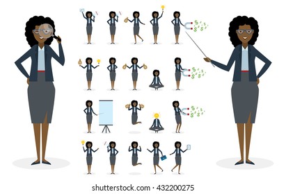 African american businesswoman set. Isolated set of businesswoman on white background. Clipboard, pointer, money bag, speaker, magnet. Active and professiaonal businesswoman. Multitasking.