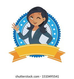 African American Businesswoman showing a OK sign with badge label