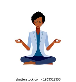 Una empresaria afroamericana sentada en loto posa meditar o practicar yoga. Una mujer de negocios tranquila se deshace del estrés y las recaídas. Concepto de trabajo y relajación. Vector de caracteres de dibujos animados aislado.