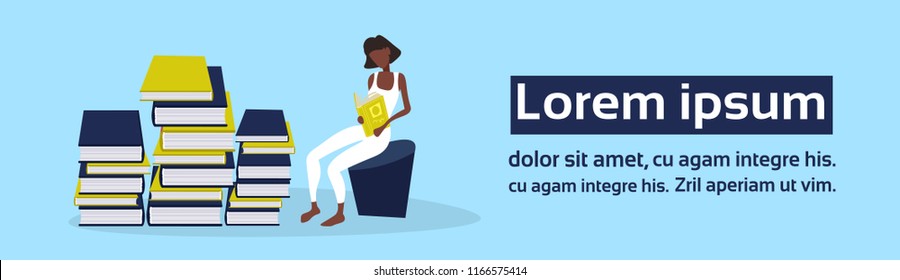 african american businesswoman sitting reading book stack successful study concept flat full length horizontal banner copy space vector illustration