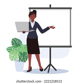 African american Businesswoman standing and holding laptop to present business presentation. Vector illustrations.