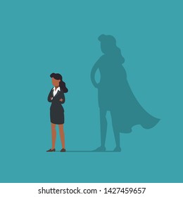 African american businesswoman standing with superhero shadow. Business concept of leadership, feminism power, professional success, emancipation. Flat modern vector illustration.