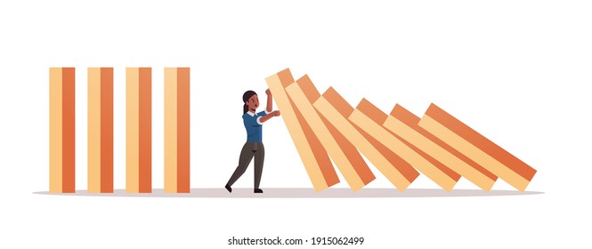 African American Businesswoman Stopping Domino Effect Crisis Management Chain Reaction Finance Intervention Conflict Prevention Concept Horizontal Full Length Vector Illustration