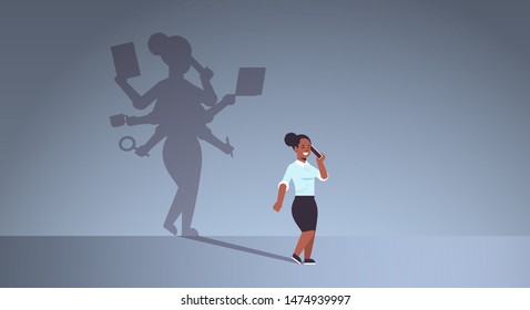 african american businesswoman talking on phone shadow of busy business woman with many hands multitasking overworked concept female cartoon character standing pose full length flat horizontal