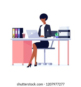 African American businesswoman using laptop on workplace, office desk with folders, busy woman in office clothes, skirt and heels typing, vector illustration in flat style on white background