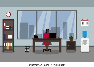 African American businesswoman working in her office. Vector illustration.