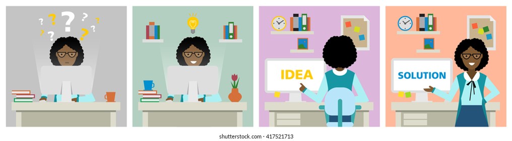 African american businesswoman at workplace with questions, idea and solution. Multitasking businesswoman. Finding a solution. Smiling and beautiful. 