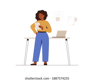 African American Businesswoman Works From Office Or Home. Confident Black Female Entrepreneur Holds A Tablet And Uses It For Planning Or Online Meeting. Vector Illustration Isolated On White.