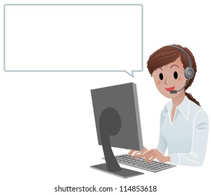 African American call center agent smiling at work with speech bubble. Isolated on white.