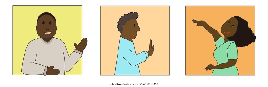 African American Cartoon Characters Saying Hello. This Is A Set Of 3 Illustrations In A Colorful Flat Art Style. Two Men And One Woman. They Say Hi, Congratulate Or Greet Other People.