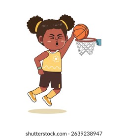 African American Cartoon cute little Girl playing basketball Slam Dunk Jump