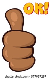 African American Cartoon Hand Giving Thumbs Up Gesture. Vector Illustration Isolated On White Background With Text OK