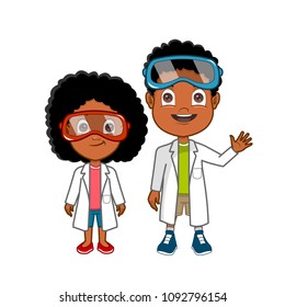 African American Cartoon Scientist Boy And Girl In Lab Coats