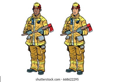 African American and Caucasian firemen in uniform with axes. Black and white professionals. Pop art retro comic book vector illustration