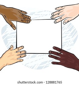 african american caucasian indian human hands holding white blank piece of paper colorful vector illustration