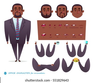 African American character for scenes.Parts of body template for design work,animation. Funny office man cartoon.Vector illustration isolated on white background. Set for character speaks animations.