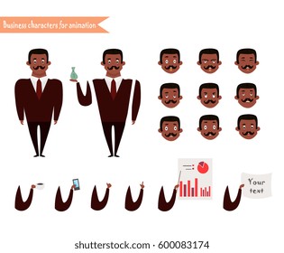 African American character for scenes.Parts of body template for animation. Funny office man cartoon.Vector illustration isolated on white background. Business Elements for web design.Emoji face icons