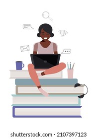 African American cheerful female student is sitting with a laptop on self-isolation. Online education concept in flat style. Stay at home. Vector.