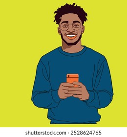 An African American cheerful guy holding a mobile phone looking so happy with his messages wearing glasses