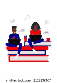 African American cheerful students, a guy and a girl, are sitting with laptops on books. Online education concept in flat style in red and blue color isolated on white background. Stay at home. Vector