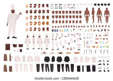 African American chef, cook, culinary or kitchen worker animation set or DIY kit. Bundle of body parts, postures, uniform. Male cartoon character. Front, side, back views. Flat vector illustration.