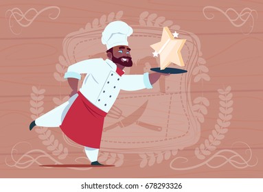African American Chef Cook Hold Star Award Smiling Cartoon Restaurant Chief In White Uniform Over Wooden Textured Background Flat Vector Illustration