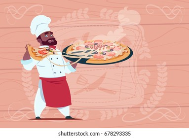 African American Chef Cook Holding Plate With Hot Soup Smiling Cartoon Chief In White Restaurant Uniform Over Wooden Textured Background Flat Vector Illustration