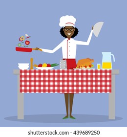 African american chef cooking on blue background. Restaurant worker preparing food. Chef uniform and hat. Table and cafe equipment.