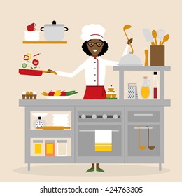 African american chef cooking. Restaurant worker preparing food. Chef uniform and hat. Table and cafe equipment.