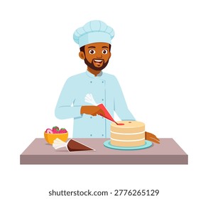 African American Chef Smiling Happily Decorating Cake with Icing Piping Bag on Table with Strawberries