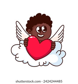 African American Child angel with heart in clouds. Groovy cartoon character, smiling, holding present. Funny sticker cupid mascot of Valentine's Day, vector illustration.