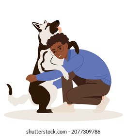 African American child boy hugs his shepherd dog. Playing with a pet by children. Flat vector illustration