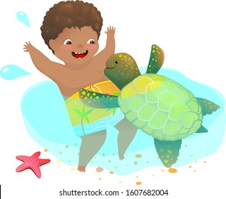 African American child boy playing swimming with sea Turtle friend. Happy childhood playing with wild sea turtle, little boy and a cute water animal swimming together.