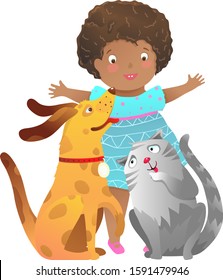 African American Child Girl With Cat And Dog Playing Together Happy Friends. Friends Forever A Girl And A Puppy Dog Cat Child Clip Art Cartoon Kids Graphic.