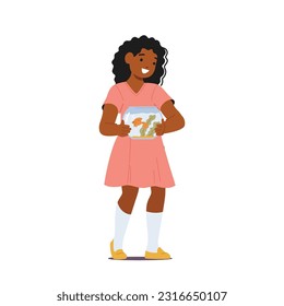 African American Child Girl Character Happily Holds Pet Fish, Creating A Bond Of Friendship And Responsibility. Kid Share Special Connection With Aquatic Companion. Cartoon People Vector Illustration