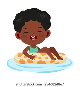 African American child with inflatable ring flat vector. Happy cartoon girl with rubber ring floating on water. Summer activities, vacation concept