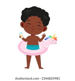 African American child with inflatable ring flat vector. Happy cartoon boy with rubber ring and glass of juice. Summer activities concept