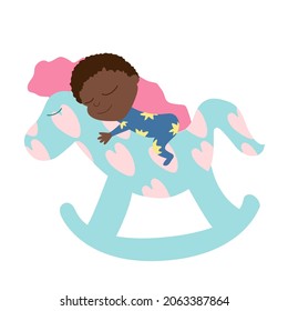 An African or African American child riding a toy blue horse with a pink mane. Illustration in cartoon flat style isolated on white background. 