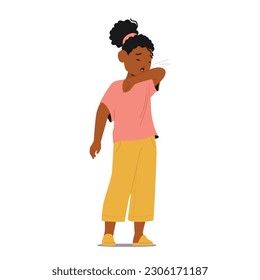 African American Child Sneeze And Cough into Elbow. Kid with Symptoms Of Contagious Illness, Spreading Germs, Little Girl Character Need For Rest, Medical Attention. Cartoon People Vector Illustration