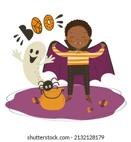 African American child in vampire costume with ghost, spider and candy. Halloween autumn vector illustration of a cute little vampire.